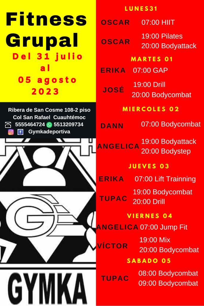 GYMKADEPORTIVA's tweet photo. Horarios Fitness Grupal del 31 Julio al 05 Agosto del 2023
#fit #fitnessboy #fitnessaddict #fitness #fitnessmotivation #saludybienestar #saludables #lesmillstribe #fitnesspro #fitnessgirl #fitnessboy #bodycombat #bodyattack #bodyattacklove #bodycombatlovers #bodystep https://t.co/GdNrwG5UoM