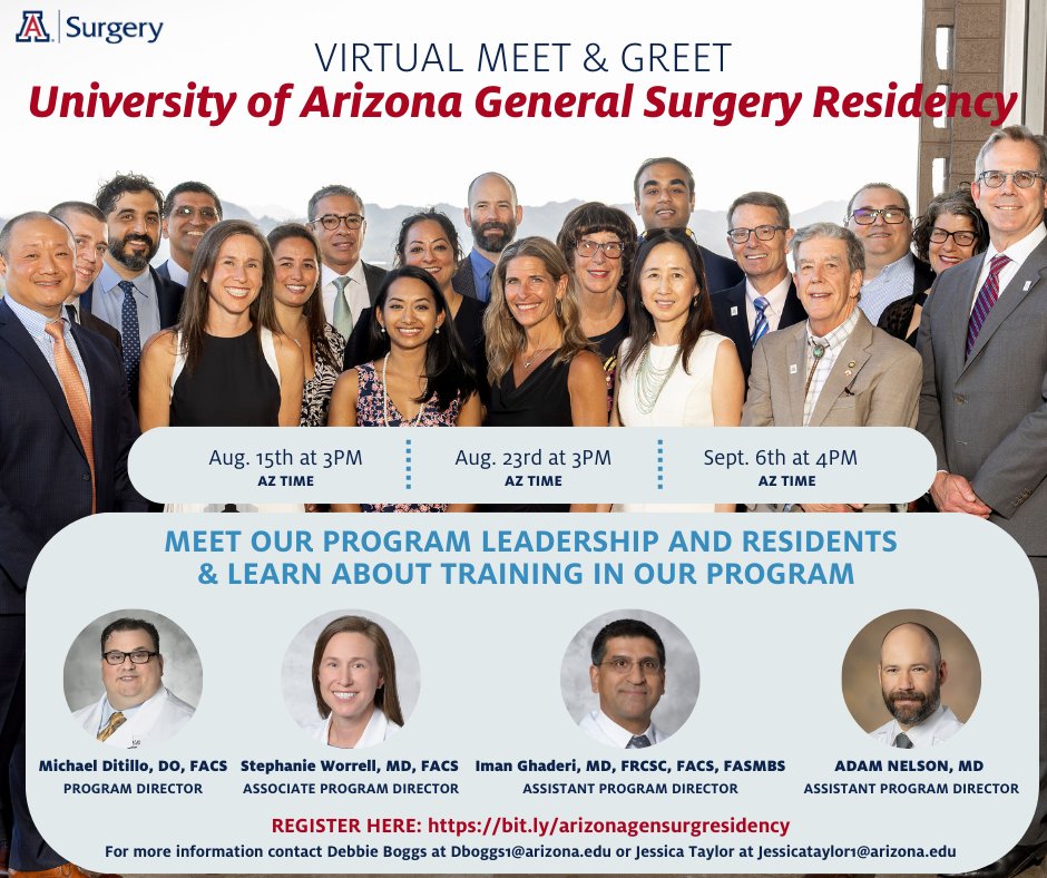 UofAZSurgery's tweet photo. Interested in applying for general surgery residency? Please join us Aug. 15, Aug. 23, or Sept. 6 for one of our meet and greet sessions. You will get to meet our program leadership, chat with residents, and ask your questions! Register today at: https://t.co/mkL5BRJfZ6 https://t.co/rTEslVAkcG
