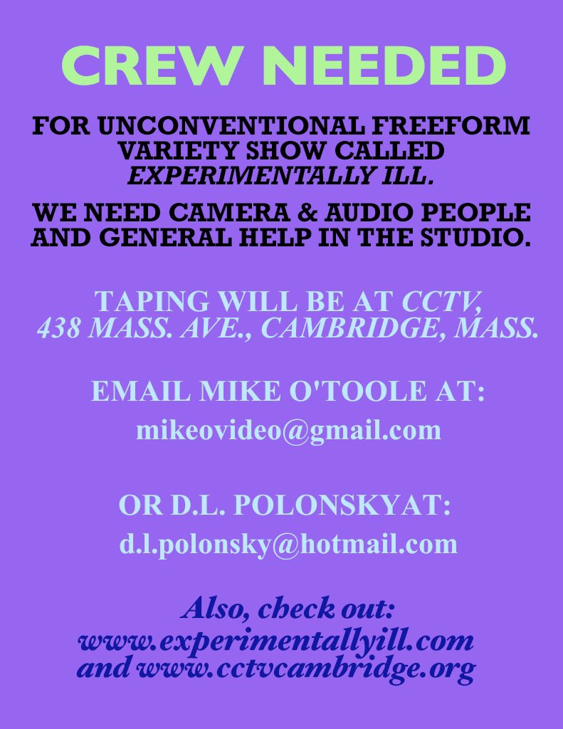MikeOToole's tweet photo. This is me saying my #ExperimentallyILL @cctvcambridge co-producer @DL_Polonsky is a genius. Seeking TV studio crew & for our coverage of next weekend’s #FanExpoBoston #comiccon! I We will attend 8/5 & 6. #crewcall #cambridgema #newenglandfilmmakers #cctvcambridge #bostoncomiccon https://t.co/mxpIGueY1Y