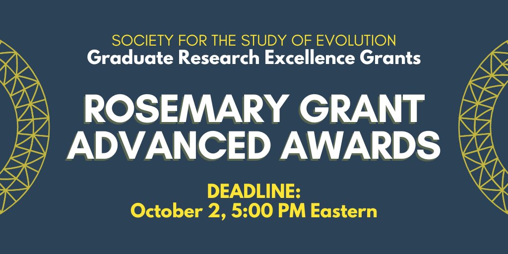 Applications are now open for the GREG Rosemary Grant Advanced Awards! These grants provide up to $3500 US for students in the later stages of their PhD who are conducting evolutionary biology research. Apply by October 2! @SSEgrad @asngrads evolutionsociety.org/content/societ…