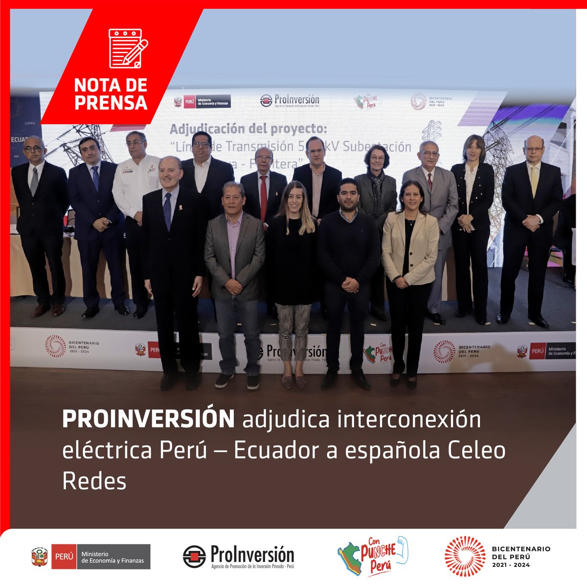 ProInversionPe's tweet photo. #BuenasNoticias | Hoy adjudicamos la “Línea de Transmisión 500 kV Subestación Piura Nueva – Frontera” a la empresa Celeo Redes S. L. U., primer proyecto binacional APP que garantizará una interconexión eléctrica eficiente y de calidad entre Perú y Ecuador; beneficiando a más de un millón de personas del norte del país.
En lo que resta de 2023, PROINVERSIÓN tiene previsto adjudicar otros siete (7) proyectos de transmisión eléctrica por más de US$ 1,000 millones.
Conoce más, aquí https://t.co/oel7hKYWCJ
#SeguimosAdelante