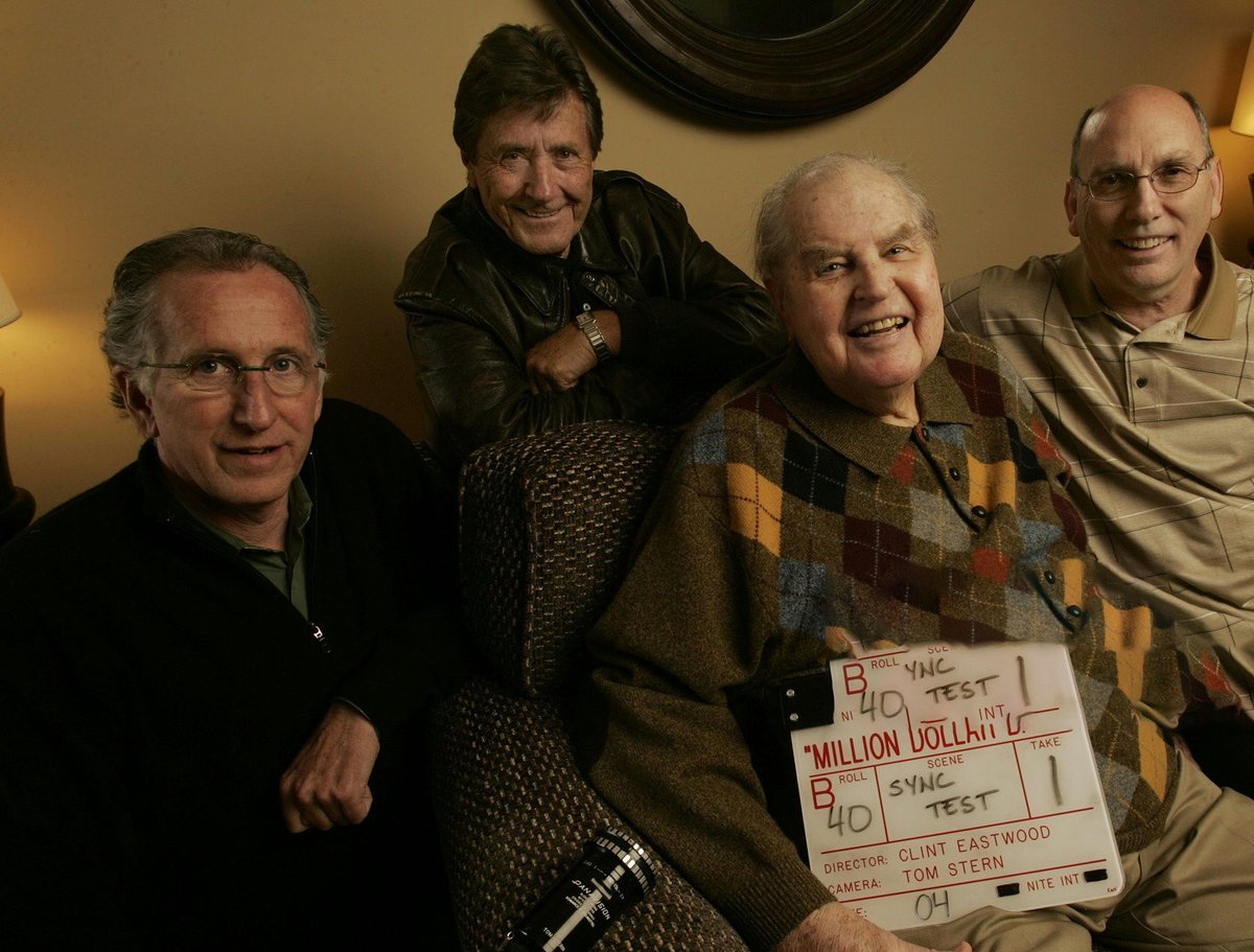 UnrealTheClint's tweet photo. Photo of the Regulars of the Malpaso Crew Tom Stern,(Cinematographer), Henry Bumstead (Art Director), Buddy Van Horn (Stunt Coordinator) and Joel Cox (Editor) Sadly 2 we have lost. Taken at Clint's Malpaso Offices after making Million Dollar Baby February 10th 2005 https://t.co/FEa22HDp7A