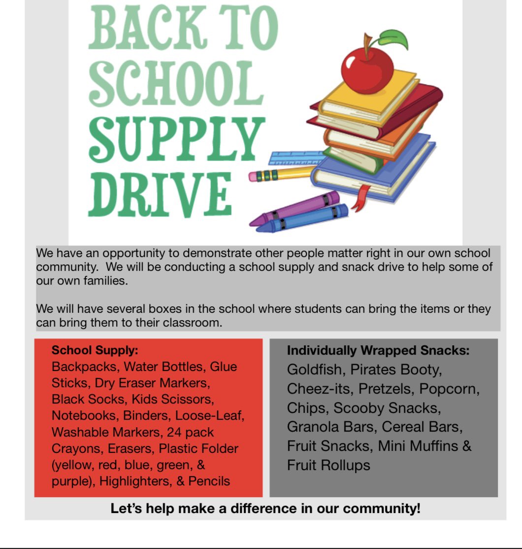 We are still very much in need of supplies and snacks! We’ve decided to extend our supply drive two more weeks. Please donate if you’re able. There are boxes in the hallways for students to place donations in 💙