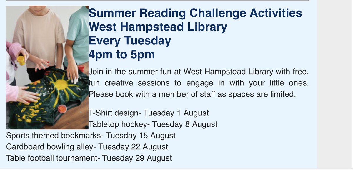 Lots of #SummerReadingChallenge fun at West Hampstead Library in August - pop in, book and join these events
