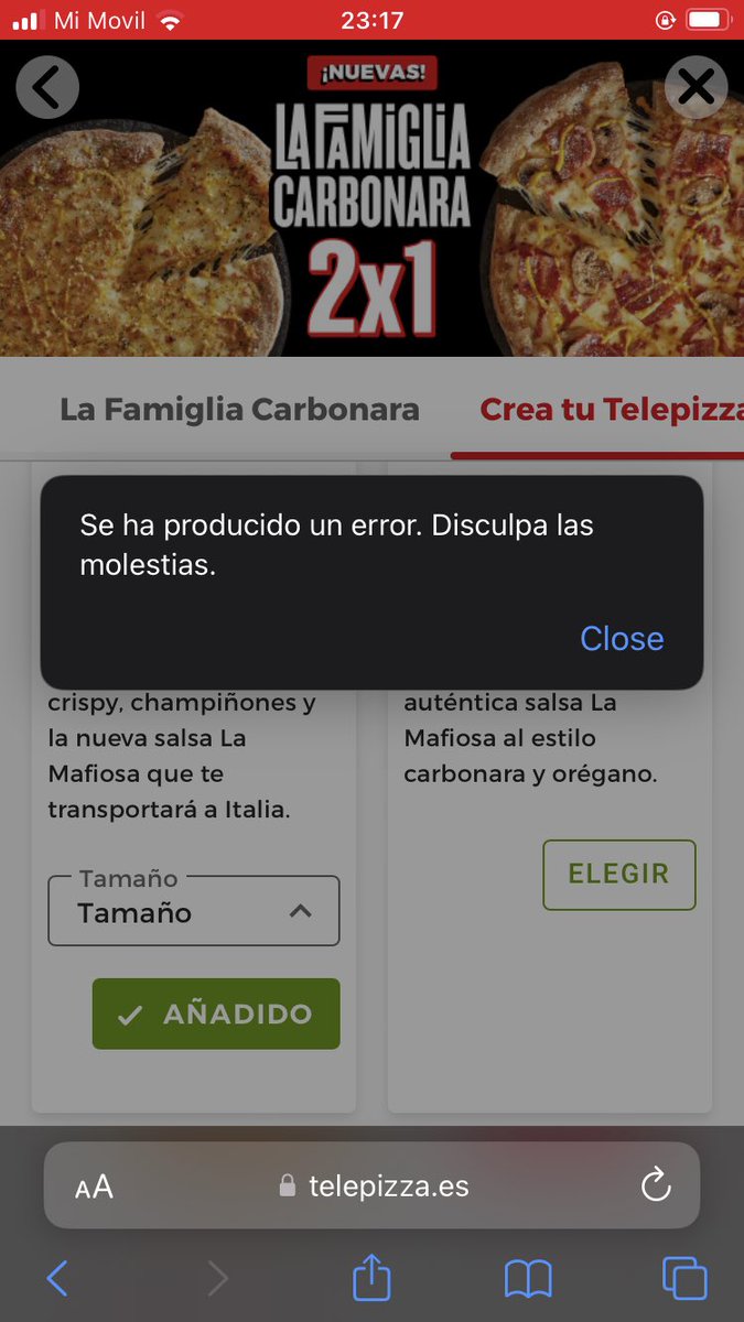 mariiagalon's tweet photo. Hoy he pedido en Telepizza, son unos timadores. Pedimos la oferta "Famiglia Carbonara 2x1". Famiglia. Familia. Las pido, en ningún momento me viene la opción de cambiar el tamaño de la pizza, tan solo el grosor de la masa. Cuando pulsas en la opción "Tamaño" da error. Adjunto. https://t.co/sEhGk48uHx