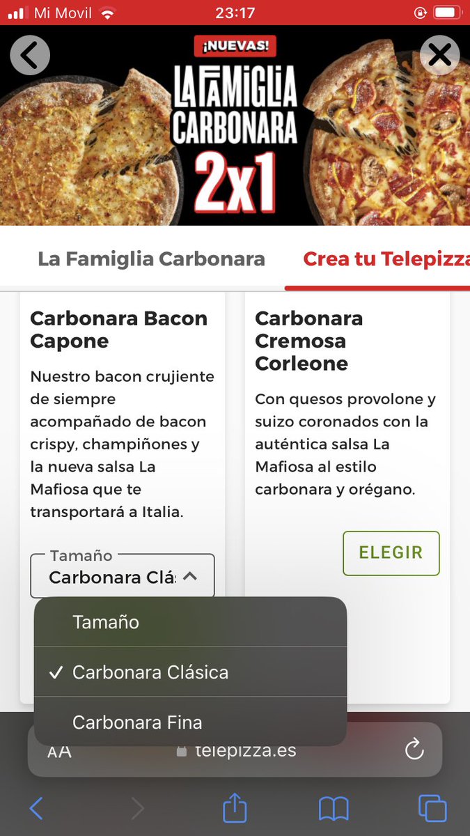 mariiagalon's tweet photo. Hoy he pedido en Telepizza, son unos timadores. Pedimos la oferta "Famiglia Carbonara 2x1". Famiglia. Familia. Las pido, en ningún momento me viene la opción de cambiar el tamaño de la pizza, tan solo el grosor de la masa. Cuando pulsas en la opción "Tamaño" da error. Adjunto. https://t.co/sEhGk48uHx