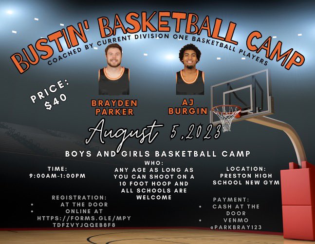 Hello friends AJ Burgin and I will be running a basketball boys and girls basketball camp in Preston Idaho on August 5. Camp time will be 9am to 1pm. We would love for your kids to participate. If you any questions please don’t hesitate and reach out.