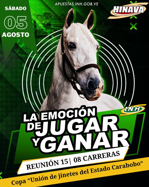 #ProgramaciónHinava 🗒️| Este sábado 05 de agosto en el Hipódromo Nacional de Valencia, disfrutaremos de la R15 🏇 con 8 emocionantes carreras, entre ellas: 

🏆  Copa "Unión de Jinetes del Estado Carabobo". 

• Inscritos aquí:

➡️ docdro.id/ekvsKWW

#Hipismo