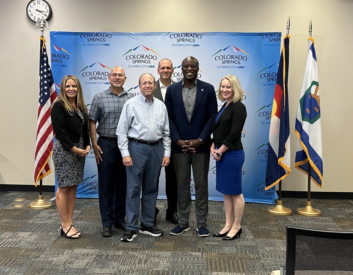 CSCEDC's tweet photo. Congratulations Team Colorado! 🎉
It’s a great day! We’re thrilled about the decision to keep Space Command in Colorado Springs! 

Pictured:
@MayorofCOS 
Former Mayor John Suthers
El Paso County Commissioner Cami Bremer
District 4 Commissioner Longinos Gonzalez, Jr.
Jim Lovewell, Colorado Springs Chamber & EDC Chief Operating Officer 
Jessie Kimber, Colorado Springs Chamber & EDC Vice President, Defense Development
