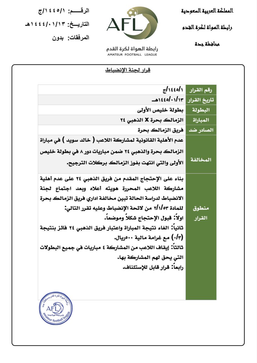 Khulays21's tweet photo. صدور قرار لجنة الانضباط من رابطة الهواة لكرة القدم بمحافظة جدة بناء على احتجاج فريق الذهبي 24 على لاعب فريق زمالك بحره ضمن مباريات دوري 8 في #بطولة_خليص للمحترفين الاولى: https://t.co/xYGWpaWIX6