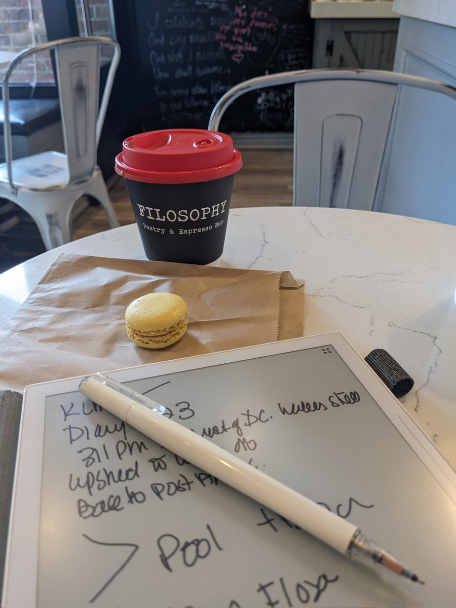 glenda_macd's tweet photo. My #filosophy life's too short... eat dessert first. Lemon macaron, coffee, and journaling on #supernote after laps and handstands at the pool. https://t.co/8L8rOsg9Mq