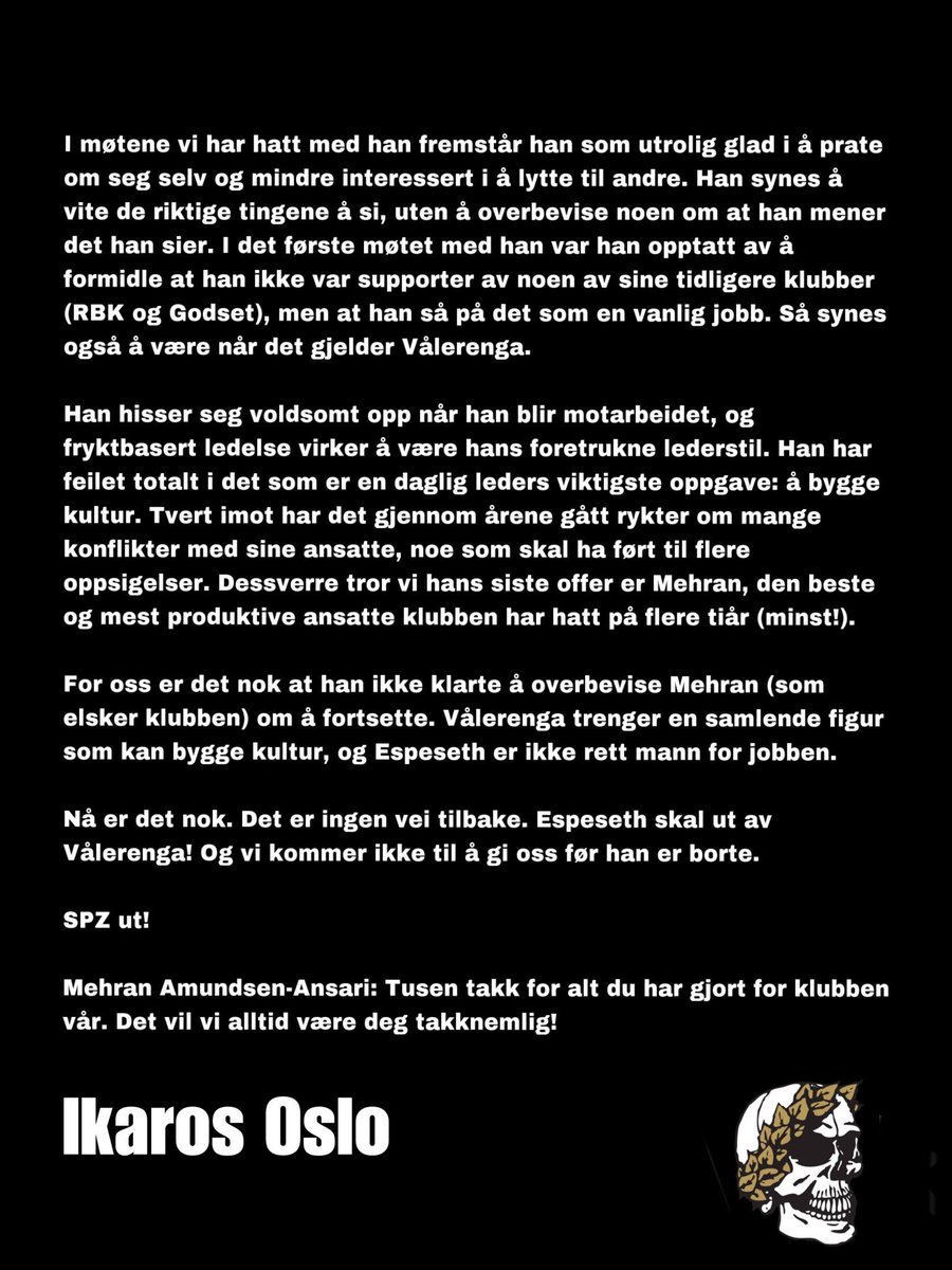 SjantenIkaros's tweet photo. Uttalelse fra Ikaros Oslo vedr Mehrans oppsigelse og kampanjen mot Espeseth. https://t.co/zenpXbkTyd