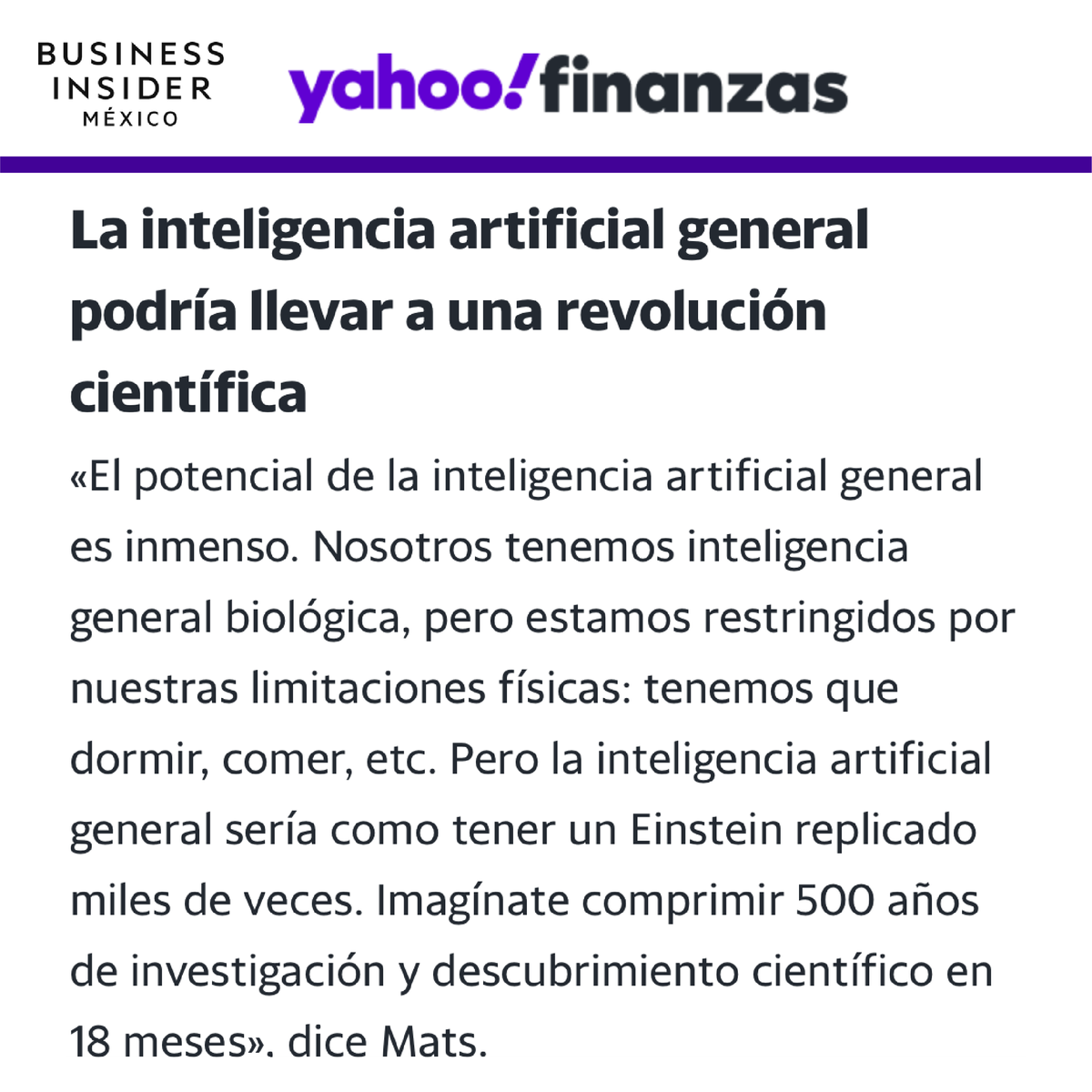 CarlosMats_'s tweet photo. Gracias Héctor Cueto de @BusInsiderMX  y @YahooFinance, hablamos de la siguiente evolución de la IA: La Inteligencia Artificial *General*, y sus implicaciones para la civilización: https://t.co/tgS6mfW4mt

#ai #ia #inteligenciaartificial #inteligenciaartificialgeneral #agi #iag https://t.co/ZlgGyVE22a