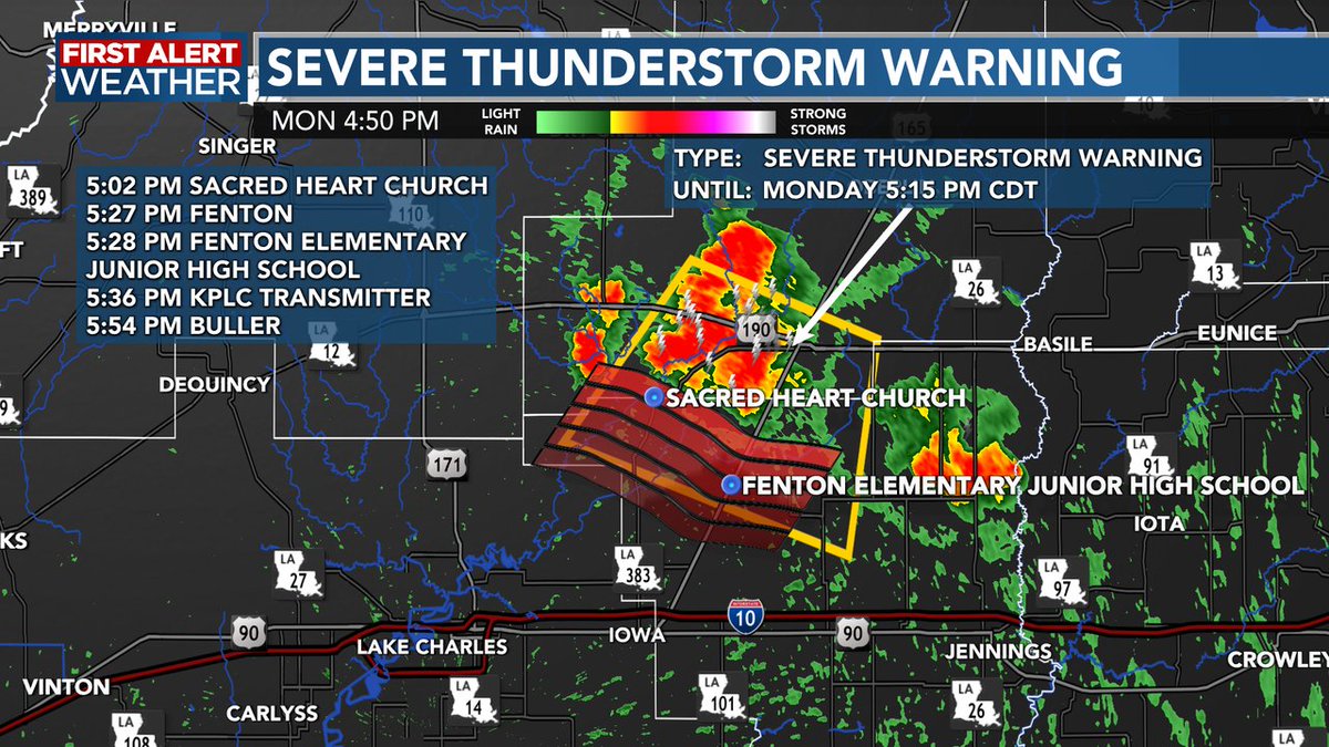 A Severe Thunderstorm Warning is in effect for Allen, Jeff Davis Parishes until 5:15 PM.  A thunderstorm near Kinder is drifting southwest slowly   As always you can find the latest radar using our app: kplctv.com/apps