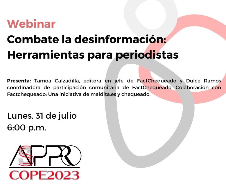 Estás a tiempo para conectar ahora para tomar el webinar Combate la desinformación: Herramientas para periodistas con las periodistas de Factchequeado Tamoa Calzadilla de La Florida y Dulce Ramos desde México. 
us06web.zoom.us/j/89124152421?…
Meeting ID: 891 2415 2421
Passcode: 53601