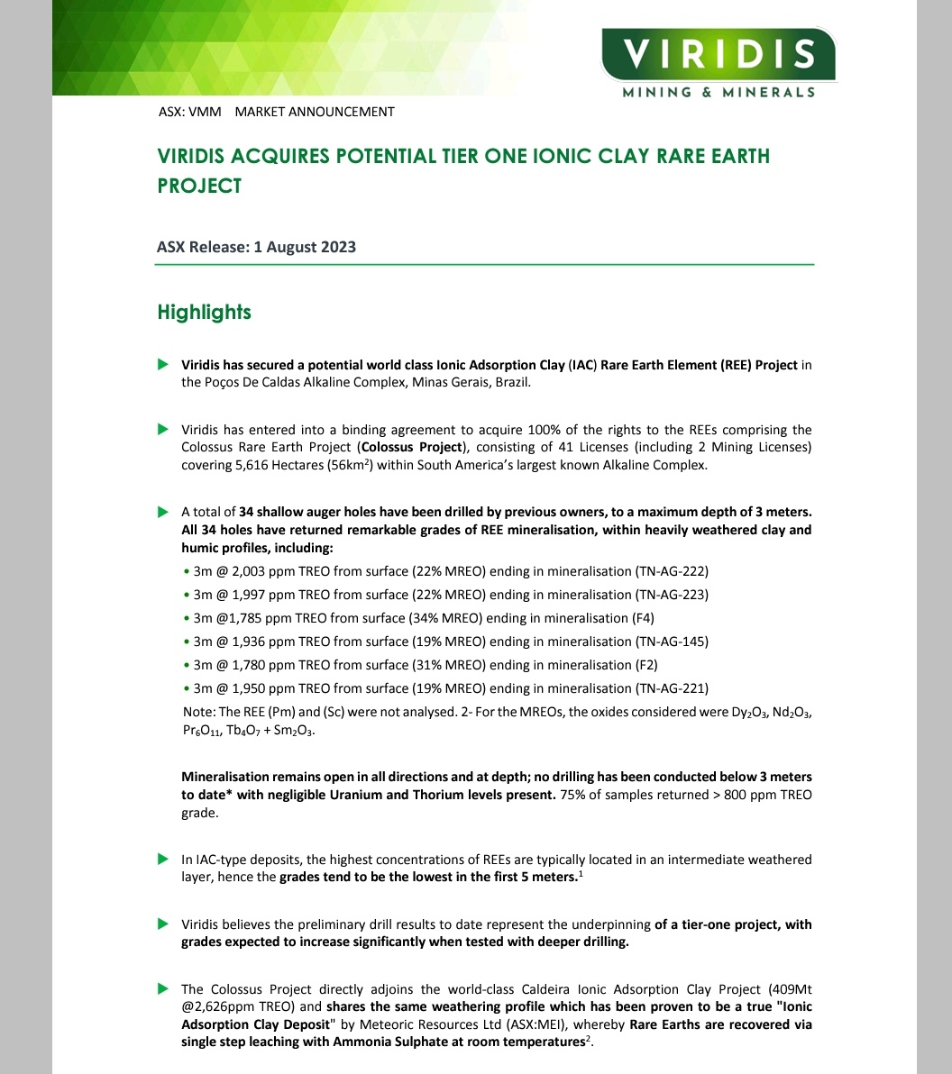 YellowStripeASX's tweet photo. $VMM 💥#ASX 💥 #REE💥 
JUST $9M MC💥

MEGA IONIC CLAY  #RAREEARTHS ACQUISITION TODAY BY $VMM 😎🥂💥

$MEI Current MC $420M maybe going to $1B plus MC??

$MEI CALDEIRA PROJECT👇TIER 1 IONIC CLAY #RAREEARTH PROJECT, located in Minas Gerais #Brazil,with MAIDEN #JORC – 409Mt @2626ppm TREO, Drilling delivered CRAZY GRADES up to 16,074ppm TREO😲💥

👇 $VMM @Viridis_VMM COLOSSUS #REE PROJECT👇

💥Consists of 41 claims covering 56km2 of the Pocos De Caldas Alkaline complex and surrounds, SAME AREA as $MEI with same geology.

💥Includes 2 GRANTED MINING LICENCES which ADJOINS the northern extension of the CALDEIRA

💥Historical drilling only done up to 3M deep with VERY HIGH GRADE Ionic #Rareearth assays between 1000-2000PPM TREO ALL ENDING IN MINERALISATION 

💥SAME VENDORS AS $MEI

💥JUST 25% of $MEI value will take $VMM SP to $2.50-$3.00 range(10 Bags)

💥PLEASE DYOR #fintwit
IMHO 💰💰💰 TO BE MADE HERE💥