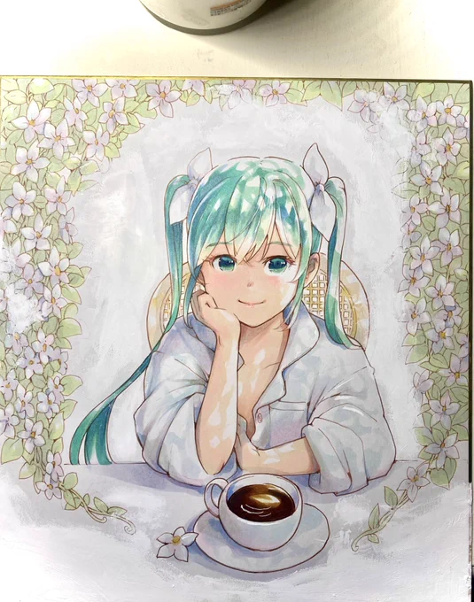 初音ミクさんと モーニングコーヒー  お絵描き中¶(⁄•˅̮•∖)⁋