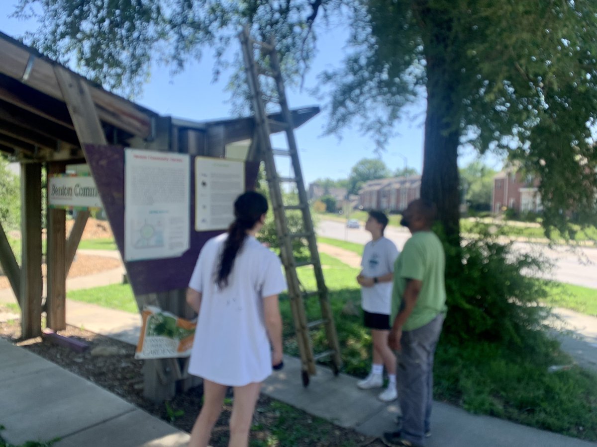KU Architecture students Chuck Frohwein &amp; Kennedy Williams volunteered today, working w/ Carl Stafford of My Region Wins in KCMO to measure &amp; recreate the butterfly roof at the Benton Garden. Plans are to redraw &amp; rebuild the structure for Boon Area 1, near the KC Zoo.