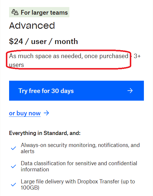 YunusTopbas0's tweet photo. Isn't this a corporate fraud?

@Dropbox advertises its Advance plan as providing unlimited storage. But, if you purchase this plan, you can only increase your storage by 1 TB per month. https://t.co/PaA8ql2Xss
