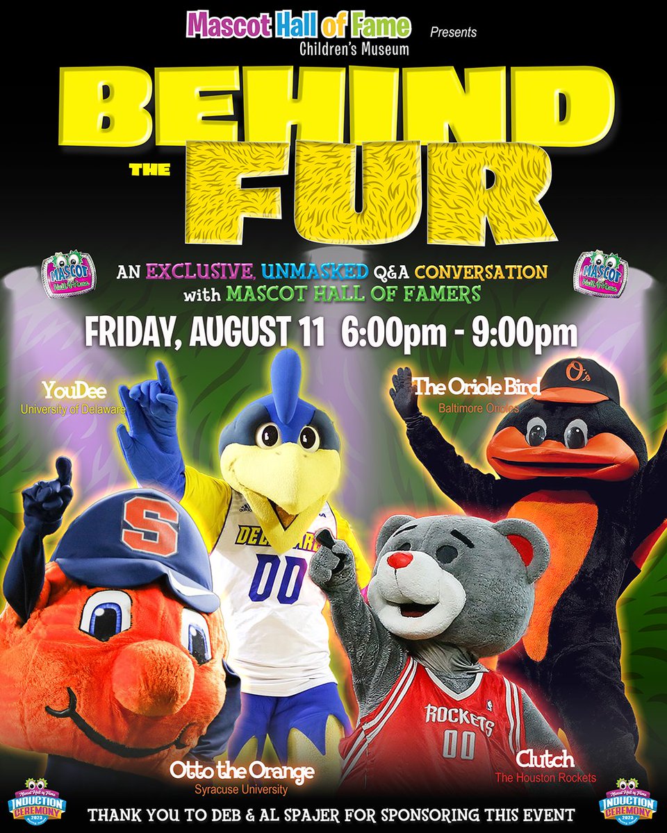 MascotHall's tweet photo. Link below and in the bio: https://t.co/4Ibz6Yd69H
#mascota #HallofFame #MascotHall #InductionWeekend #BehindTheFur #QuestionAndAnswer #QandASession #YouDee #DelawareUniversity #TheOrioleBird #BaltimoreOrioles #ClutchTheBear #HoustonRockets #OttotheOrange #SyracuseUniversity https://t.co/NqM9E0gpCf