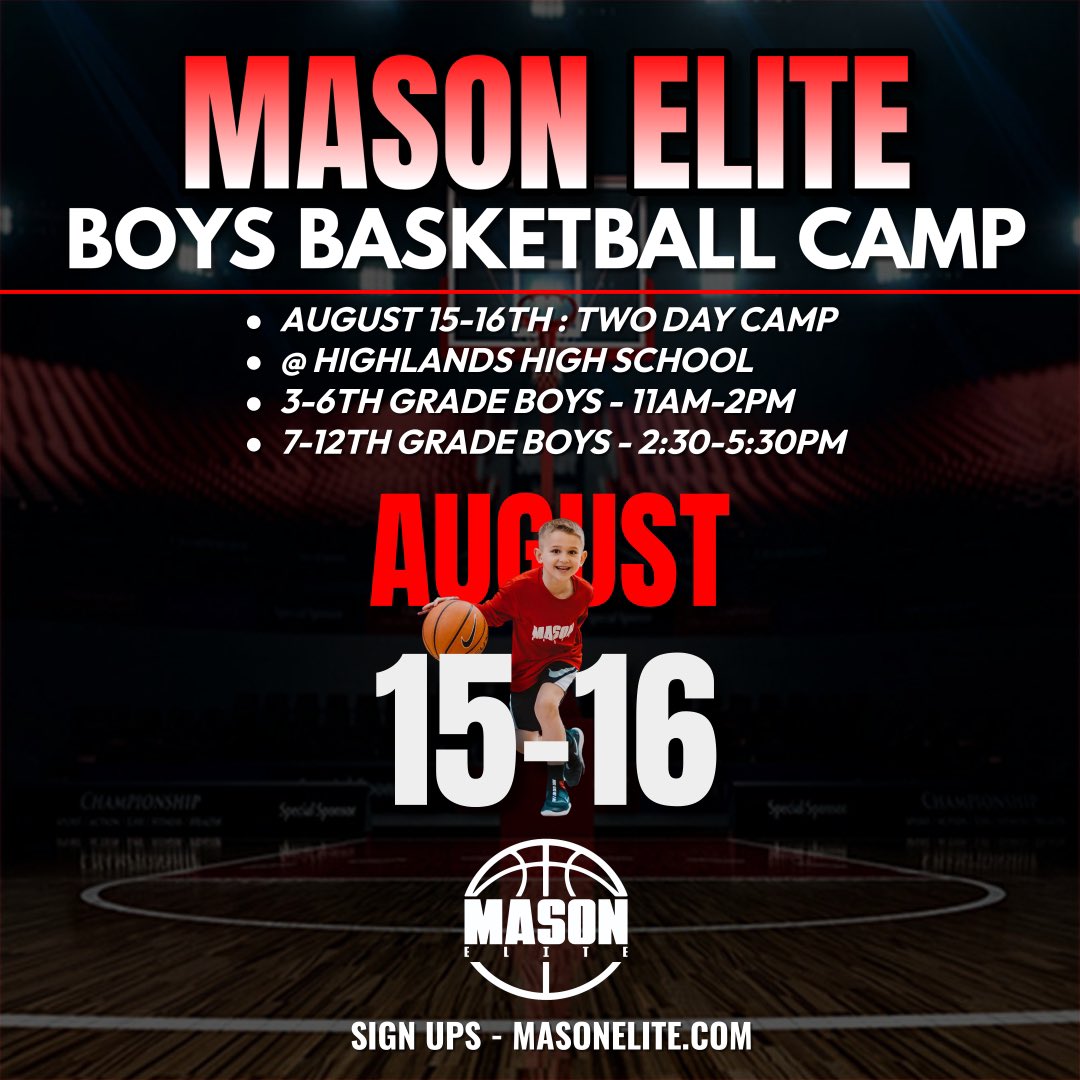 Mason Elite Basketball (@_masonelite) on Twitter photo 🚨We’re 15 days away from our two day Basketball Camp at <a href="/HighlandsHoops/">HighlandsHoops</a> Please share to any motivated hoopers in the PGH area ‼️
More info/booking: masonelite.com/boys-basketbal… 🚨We’re 15 days away from our two day Basketball Camp at <a href="/HighlandsHoops/">HighlandsHoops</a> Please share to any motivated hoopers in the PGH area ‼️
More info/booking: masonelite.com/boys-basketbal…