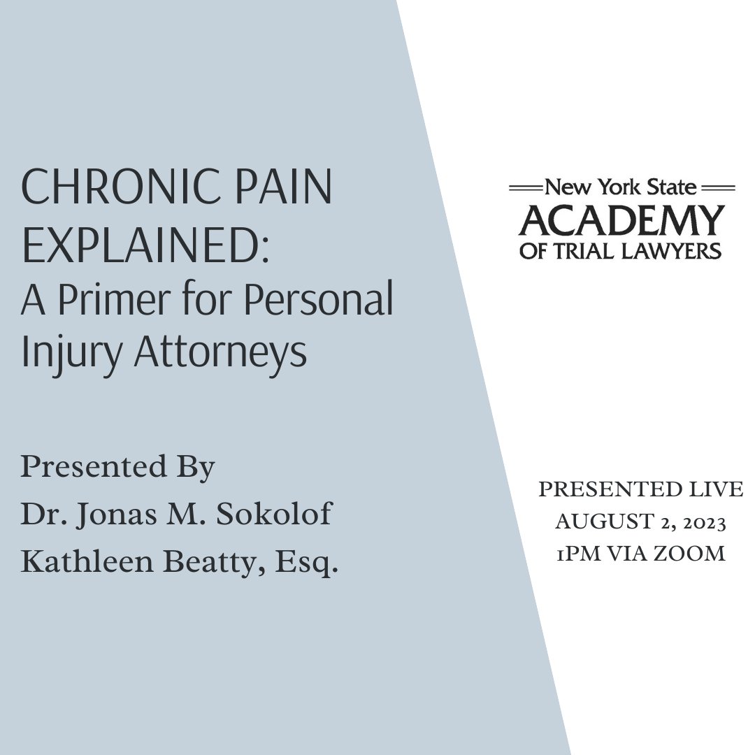 Join us this Wednesday, August 2 for a primer on chronic pain for Personal Injury attorneys with Dr. Jonas Sokolof of Physician Life Care Planning &amp; Academy Board member Kathleen Beatty. Register at trialacademy.org