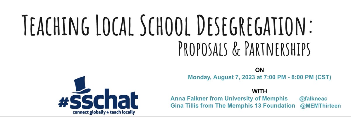 SSChatNetwork's tweet photo. Thanks #engsschat for another wonderful Monday evening collaboration.  Join us next Monday, 8/7 at 8 pm EST for #sschat with our hosts Anna Falkner @falkneac from the University of Memphis and Gina Tillis from The Memphis 13 Foundation @MEMThirteen exploring school desegregation. https://t.co/mIkrfuD2Aj