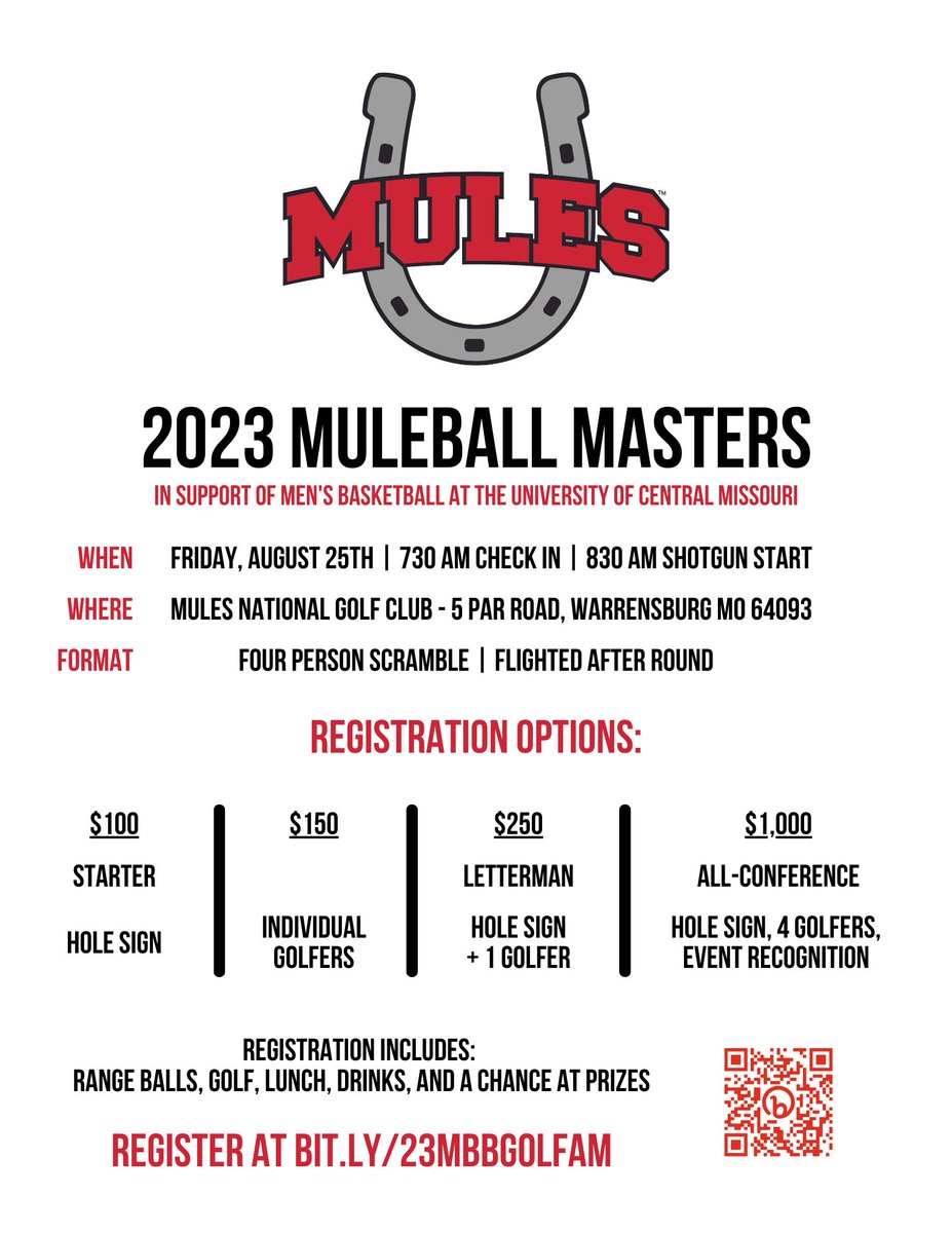 Mark your calendars, the 9⃣th annual MuleBall Masters Golf Tournament is scheduled for Friday, Aug. 25, beginning at 8:30 a.m. from <a href="/MulesNational/">Mules National Golf Club</a> Golf Club in Warrensburg! 

📝 | bit.ly/47dZlll

Registration for 2023 MuleBall Masters: bit.ly/3qfZQL5