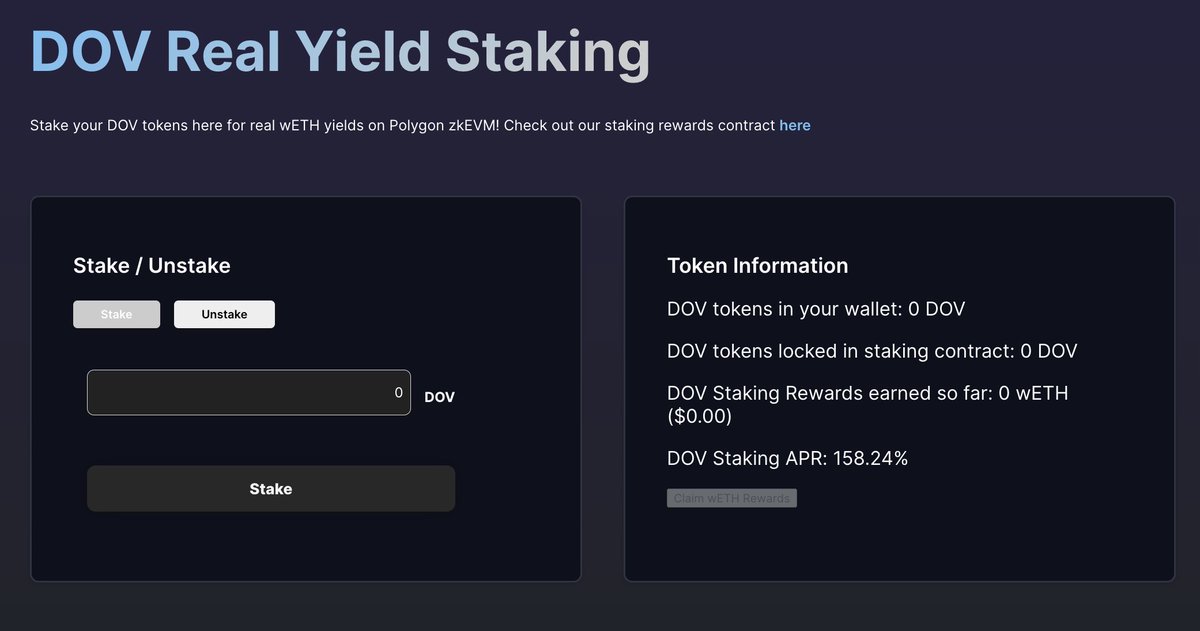 DovishFi's tweet photo. Our second week of wETH yield distribution just kicked in! 💰

Despite 350k DOV tokens being locked up, we are still seeing a reward rate of 158% for our real yield DOV staking solution! 🧑‍🌾

Get access to simple real yield on @0xPolygonDeFi zkEVM today with Dovish! https://t.co/4bJnTjDXxk