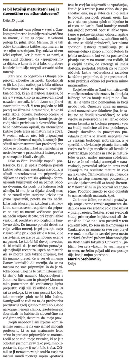 SasoDolenc's tweet photo. Ko napiše dijak bistveno boljši "spis" kot celotna maturitetna komisija za "spise" skupaj, je morda čas, da se nekdo resno zamisli? https://t.co/EdZZbUo8Ea