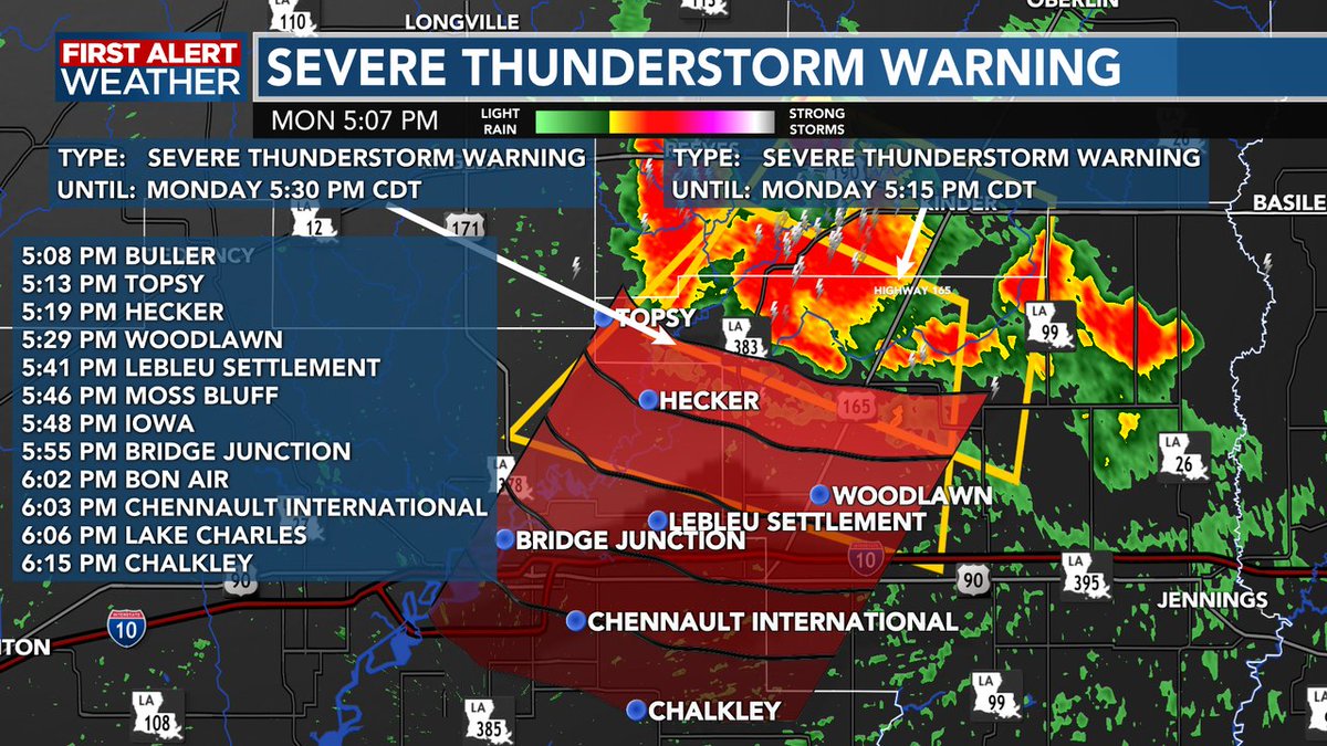 A Severe Thunderstorm Warning is in effect for Allen, Calcasieu, and Jeff Davis Parishes until 5:30 PM.  A thunderstorm near Buller and the image shows estimated times of arrival for those in the path. As always you can find the latest radar using our app: kplctv.com/apps