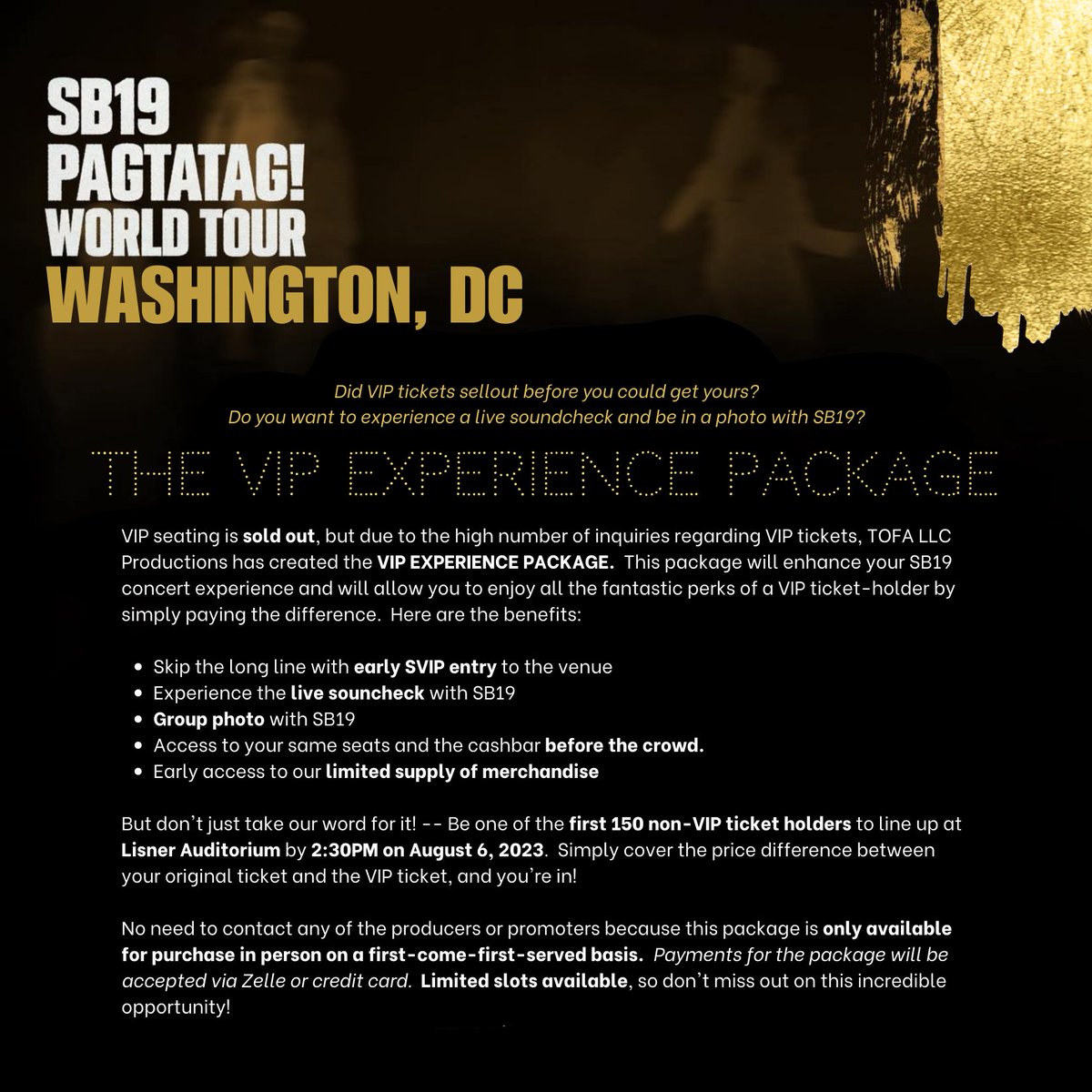 MarcoRawk's tweet photo. LESS THAN A WEEK and #SB19 will be in WASHINGTON, DC!  Get your seats NOW at https://t.co/f1Z6xGe3Yu

If you already have a ticket and want to experience the perks of VIP, read about the VIP Experience Package below.  See you all there!

#PAGTATAGWorldTourWashingtonDC https://t.co/PZjA7xgRq2