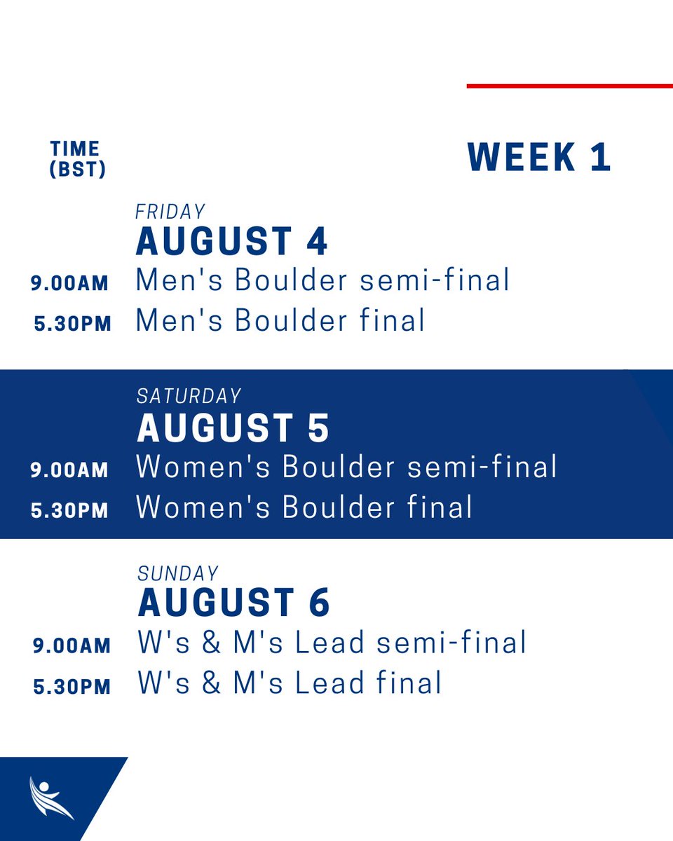 Week 1 Schedule - take note ✏️👀 The World Championships have officially begun! Stay locked in all week as we'll be keeping you up to date on all the action. Let's go boys! 🇬🇧⚡️ #bernwch #berntoclimb⁠⁠ #RoadToParis2024 #gbclimbingteam