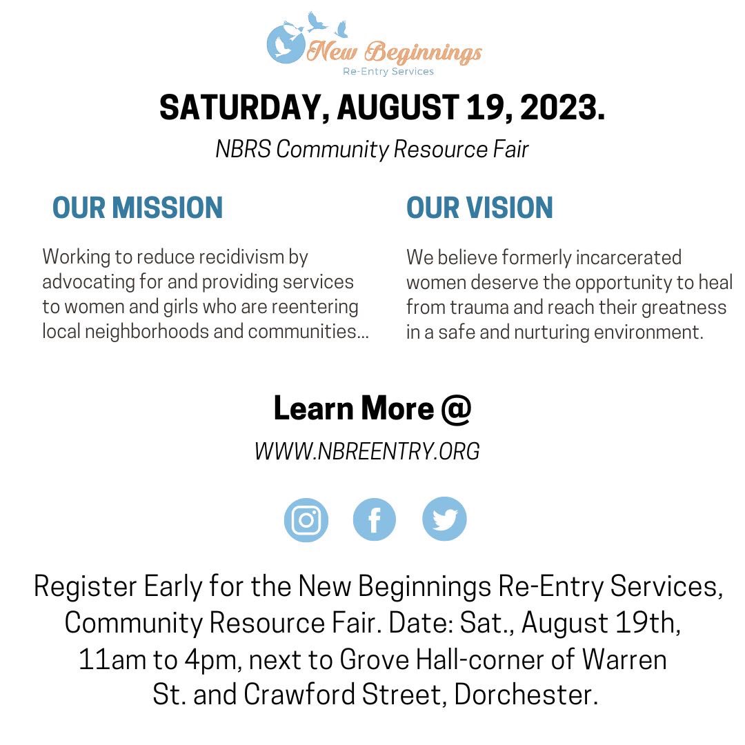 ReentryNew's tweet photo. Register Early for the New Beginnings Community Resource Fair. Join over 40 community orgs…Visit https://t.co/kVNTqDl9fZ to register. #WomenEmpowerment #Transform #Community #ReentryHouse #FormerlyIncarceratedWomen
@bordens20 @LizForBoston
@RepChynahTyler @7News @BMatterinc https://t.co/7HvoHhDtSN