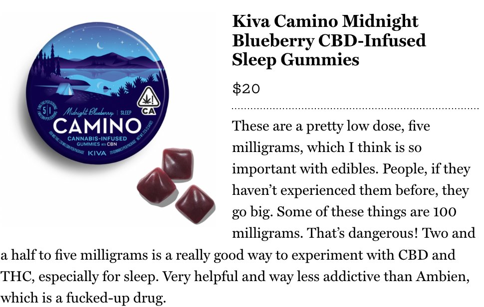 Our popular Camino Midnight Blueberry gummies were featured in The Strategist/ <a href="/NYMag/">New York Magazine</a>  where musician <a href="/jennylewis/">jenny lewis</a> shared her list of all time Favorite Things. She mentions her positive experience with our Camino Gummies and how important it is as a beginner to know that you