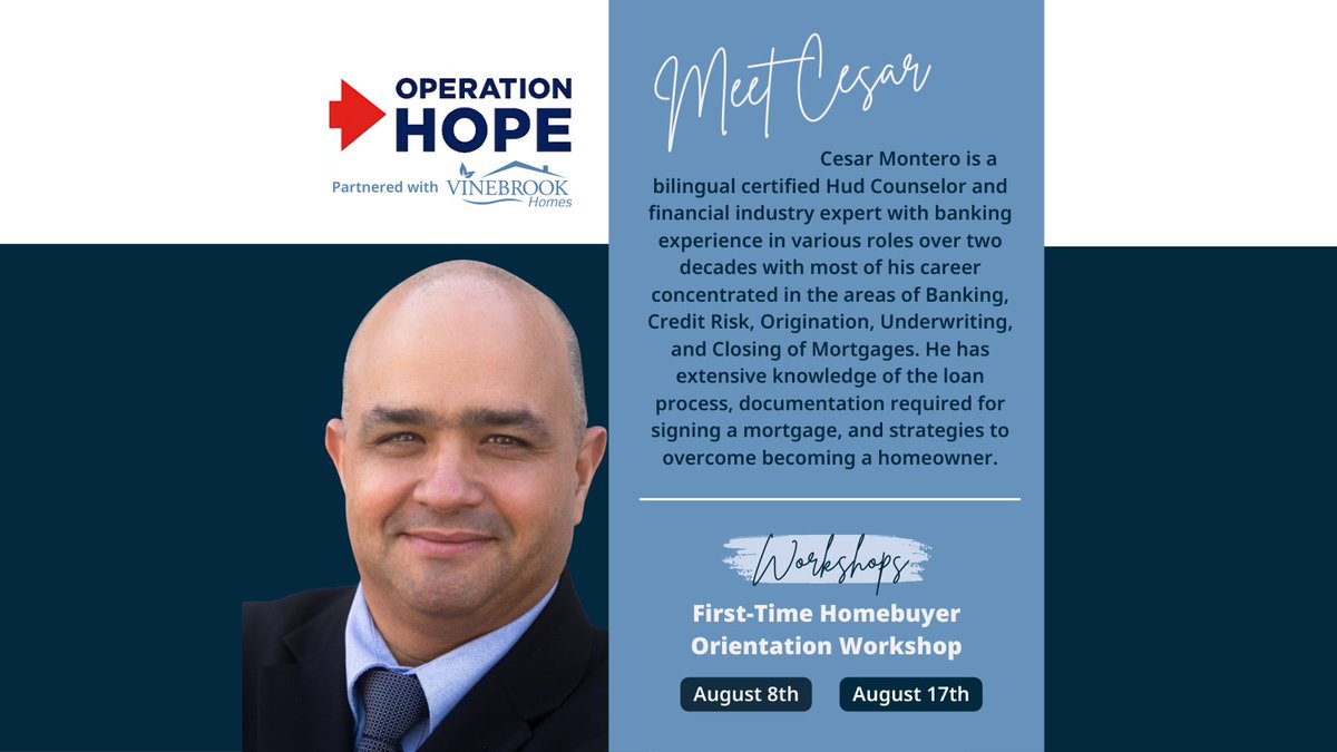 VinebrookHomes's tweet photo. Introducing Cesar Montero - Your Trusted Financial Coach! @OperationHOPE 

Sign up for the FREE workshops happening next month👇 https://t.co/kfdwntd3Wt
📅Tue 8/8/2023 5:30 PM CTS
📅Thu 8/17/2023 5:30 PM CTS
Password: hope2023 https://t.co/UJb1mELjsg