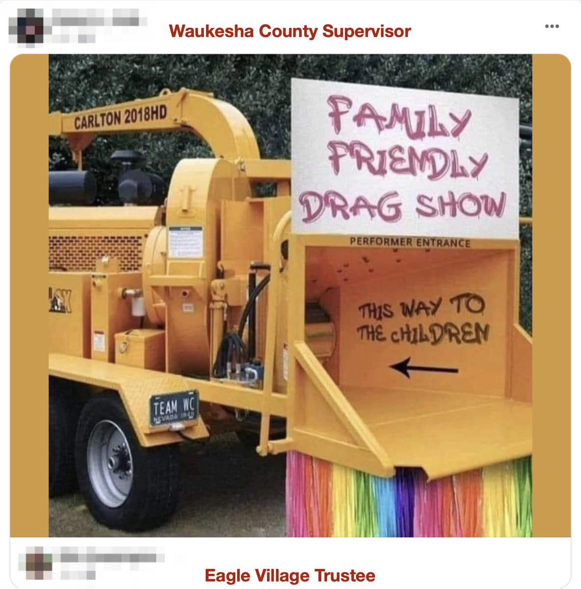 jnorcr's tweet photo. It gets worse in SE #Wisconsin.
The day of the Pride event in #WatertownWI, a post from a Village Trustee in #EagleWI was shared by a #Waukesha County Supervisor featuring an annotated "wood chipper" (referencing imagery from right wing extremist Louis Uridel).
#NoRoomforHate https://t.co/brpAnH452y
