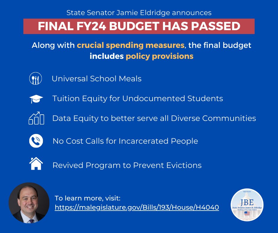 I'm incredibly proud to have voted for the FY24 final budget today! Below are 5 progressive victories in the budget including #SchoolMealsforAll, #TuitionEquityAct, #DataEquity for diverse communities, #NoCostCalls & eviction protections for tenants! TY budget conferees! #mapoli