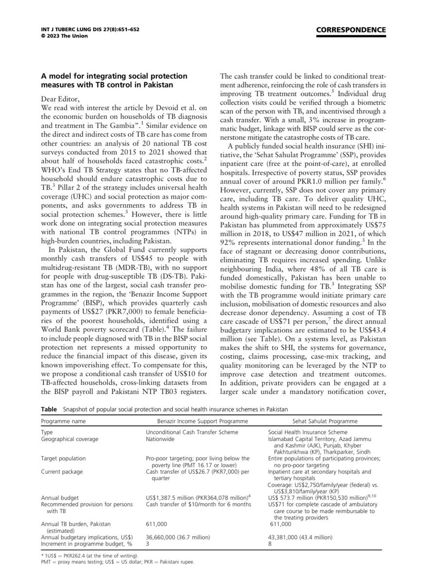 Shifa Habib (@shifa_habib) on Twitter photo Financial hardship for persons with TB can be alleviated by systematic integration with social protection and health insurance programmes eg <a href="/bisp_pakistan/">Benazir Income Support Programme</a> and <a href="/SehatCardPlusKP/">Sehat Card Plus KP (Official)</a> in Pakistan. My brief piece in IJTLD <a href="/TheUnion_TBLH/">The Union</a> - go.shr.lc/3qjMZrb Financial hardship for persons with TB can be alleviated by systematic integration with social protection and health insurance programmes eg <a href="/bisp_pakistan/">Benazir Income Support Programme</a> and <a href="/SehatCardPlusKP/">Sehat Card Plus KP (Official)</a> in Pakistan. My brief piece in IJTLD <a href="/TheUnion_TBLH/">The Union</a> - go.shr.lc/3qjMZrb