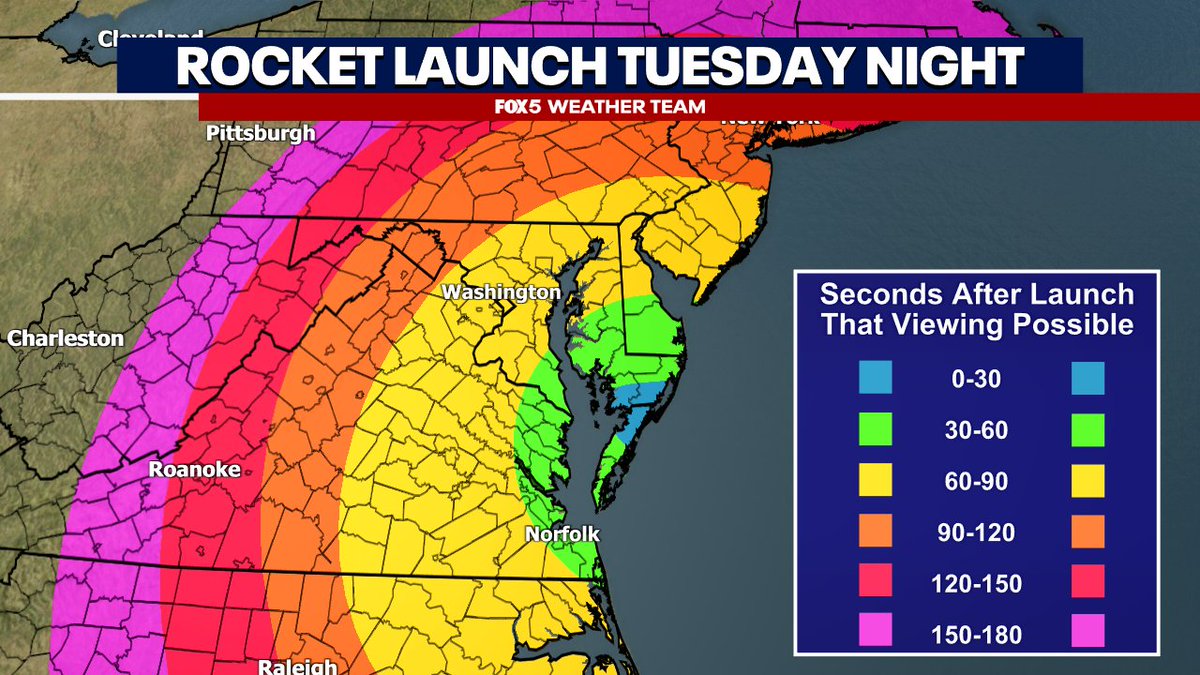 MikeTFox5's tweet photo. ROCKET LAUNCH! A resupply mission to the ISS launchs from Wallops Island, VA tomorrow weather pending (sea breeze out that way may kick up an afternoon storm) but if it launches, the DC area should be able to see it about 60-90 seconds after launch! Should be good for viewing! https://t.co/Jao8lKbbiK