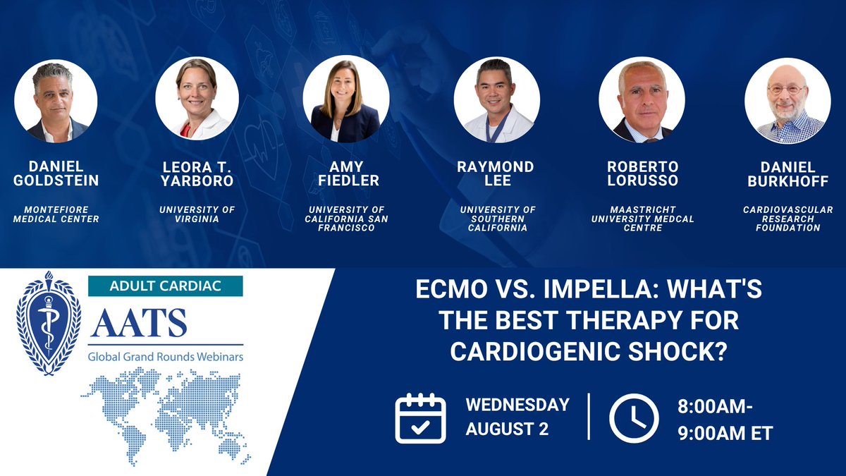 AATS (@aatshq) on Twitter photo Join us this Wednesday at 8:00AM ET for a #GlobalGrandRounds webinar on ECMO vs Impella: What's the Best Therapy for Cardiogenic Shock? Register now: ow.ly/Kp5950Ppsga
<a href="/FiedlerAmy/">Amy G. Fiedler, MD</a> <a href="/drraycleemd/">Dr Raymond C Lee MD</a> <a href="/BurkhoffMd/">Dan Burkhoff MD PhD</a> <a href="/OuzounianMD/">Maral Ouzounian</a> Join us this Wednesday at 8:00AM ET for a #GlobalGrandRounds webinar on ECMO vs Impella: What's the Best Therapy for Cardiogenic Shock? Register now: ow.ly/Kp5950Ppsga
<a href="/FiedlerAmy/">Amy G. Fiedler, MD</a> <a href="/drraycleemd/">Dr Raymond C Lee MD</a> <a href="/BurkhoffMd/">Dan Burkhoff MD PhD</a> <a href="/OuzounianMD/">Maral Ouzounian</a>