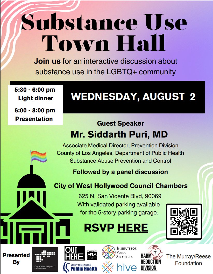 CHIPTS's tweet image. Our partners at @APLAHealth are co-hosting an upcoming Substance Use Town Hall on Wednesday, Aug. 2, from 6-8 PM PT at the West Hollywood City Council Chamber. The Town Hall will provide awareness and up to date emerging trends on substance use. RSVP now: eventbrite.com/e/substance-us…