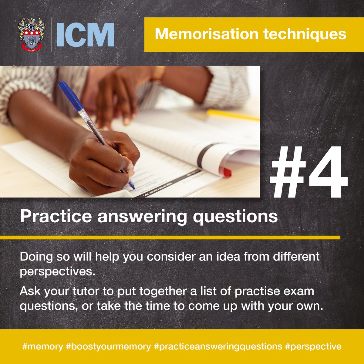 InstituteCM's tweet photo. When studying, practising memorisation strategies can help you remember information.
Our tip #4 - Practice answering questions, it will help you prepare for the type and style of exam questions.
#memory #boostyourmemory #practiceansweringquestions #memorisationtechniques #ICM https://t.co/7CIYbQD5dn