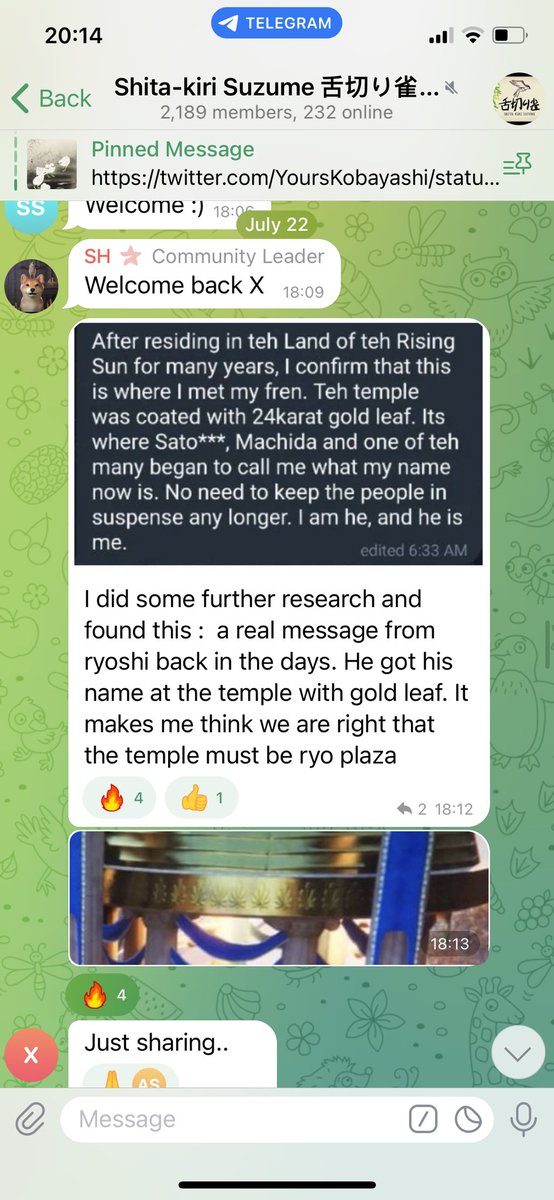 NeoGhostYashi's tweet photo. X who everyone in the $Suzume chat was suspecting was @YoursKobayashi tweeted this a week before @shibarium_ did so.. a frontrun. Moreover.. Teh temple in the trailer 2 is also coated in Gold.. 

Do you still need anymore hints? 

$Shib $Suzume https://t.co/eYRc1w0riP