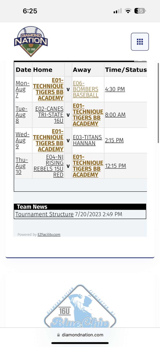 Schedule for Blue Chip Prospects at Diamond Nation. Thursday game is at McKnight Field in Mead NJ.