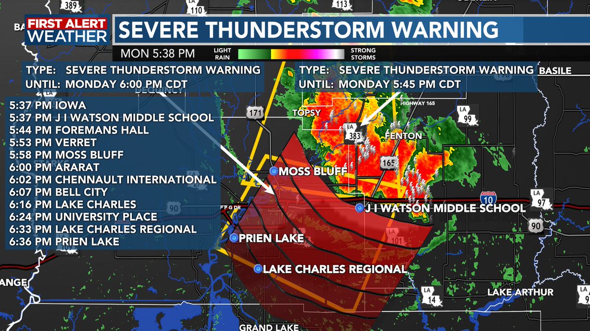 A Severe Thunderstorm Warning is in effect for Calcasieu &amp; Jeff Davis Parishes until 6:00 PM .  A thunderstorm near Iowa is capable of producing 60 mph winds and the image shows estimated times of arrival for those in the path.  Latest radar on our app: kplctv.com/apps