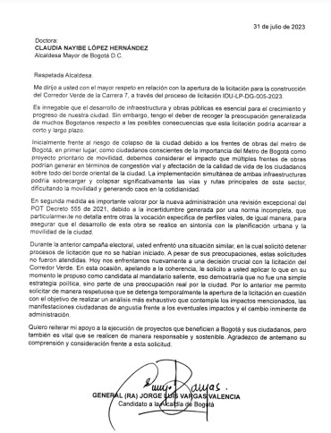 BluRadioCo's tweet image. #EnDesarrollo El candidato a la Alcaldía de Bogotá por Cambio Radical, el general (r) Jorge Luis Vargas, envió una carta a la alcaldesa Claudia López solicitando que no se licite la obra del ‘Corredor Verde’ de la carrera Séptima. “Le solicito aplicar lo que propuso como…