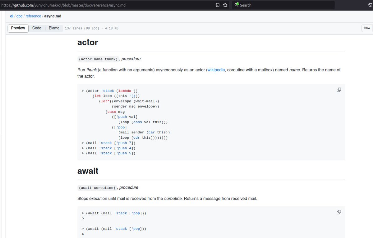 otus_lisp's tweet image. #Scheme #r7rs
I keep making reference docs. `(otus async)` this time.
This is very very helpful because each sample is autotested on every code commit (regression testing, yeah). But I hate to write text, not code :(
Btw, #Ol has Actors "out of the box".
github.com/yuriy-chumak/o…