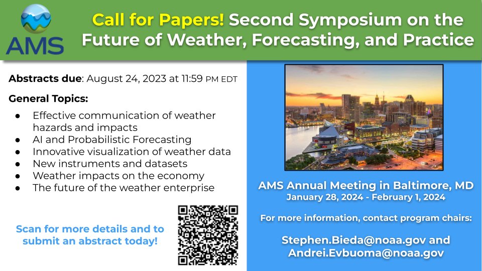 Call for Papers! The Second Symposium on the Future of Weather, Forecasting, and Practice is accepting abstracts through August 24th
📍Baltimore, MD
🗓️Jan 28 - Feb 1, 2024

See more info in the graphic below and also at annual.ametsoc.org/index.cfm/2024…