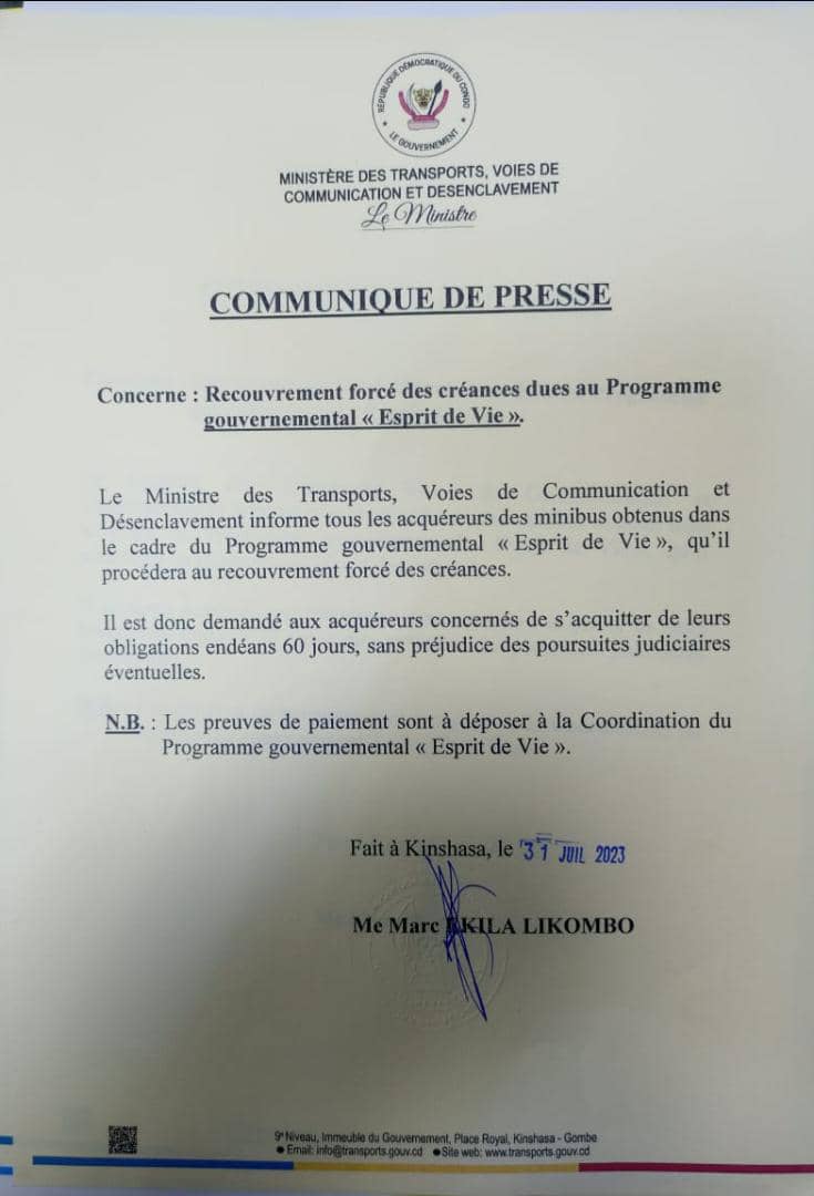 URGENT : Le Ministre des transports, voies de communication et Désenclavement, Maître Marc EKILA LIKOMBO annonce le recouvrement forcé des créances dues à l'État par les acquéreurs des bus " Esprit de vie" . ( Communiqué)